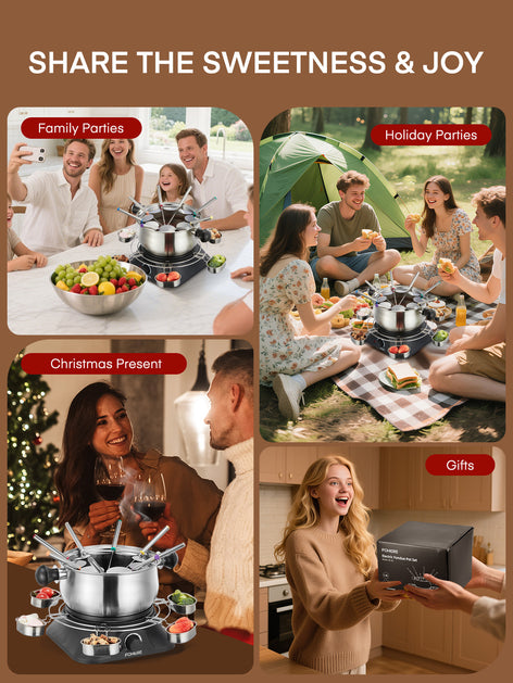 FOHERE Electric Fondue Set with 1500W Power Temperature Control for Cheese,Chocolate,Oil and Broth, 2L Non-Stick Electric Fondue Pot with 8 pcs Forks,6 pcs Cups, Silver