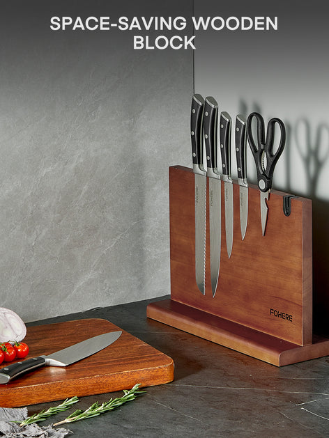 Kitchen Knife Set, FOHERE Knives Set with Magnetic Knife Holder and Sharpener, 7 Pieces Sharp Chef Knife Set with Ergonomic Handle, High Carbon Stainless Steel Knives Set for kitchen