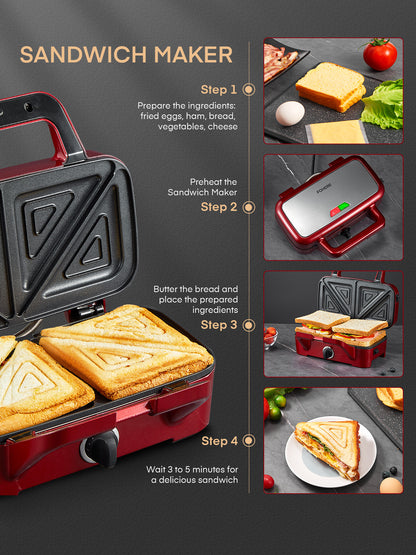 FOHERE Waffeleisen 3 in 1 Sandwichmaker 1200W Panini-Presse mit abnehmbaren Platten und 5-Stufen-Temperaturregelung, antihaftbeschichtet, leicht zu reinigen, Kontrollleuchten, Rot