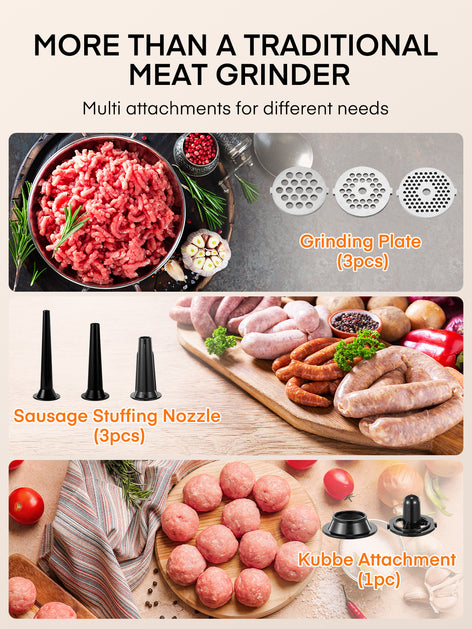 Electric Meat Grinder, 3200W Max Heavy Duty Stainless Steel Meat Mincer with 2 Blades, 3 Grinding Plates, 3 Sausage Stuffer Tubes & Kubbe Kit for Home & Kitchen & Deer Meat Processing Using