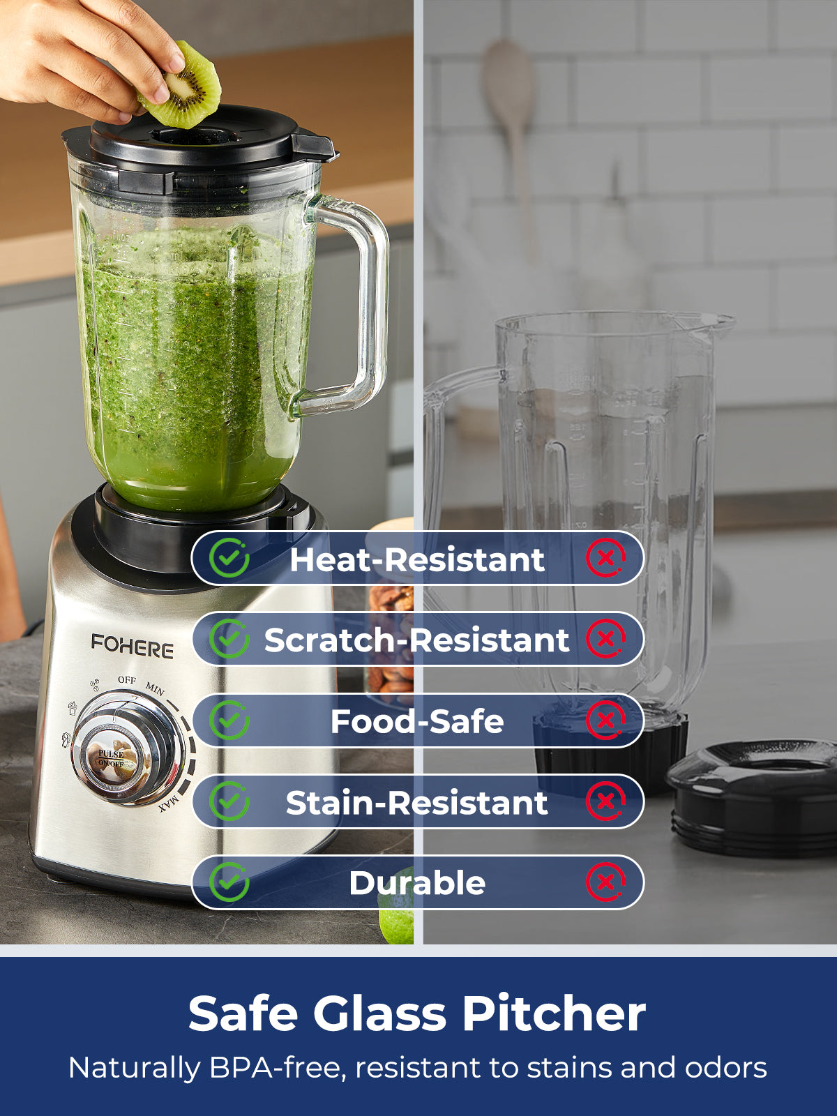 FOHERE Blender for Kitchen, 50 Oz Glass Professional Blenders for Smoothies and Shakes With 1 Tritan Jug, 5 Speeds, 3 Preset Programs, Peak 1300W