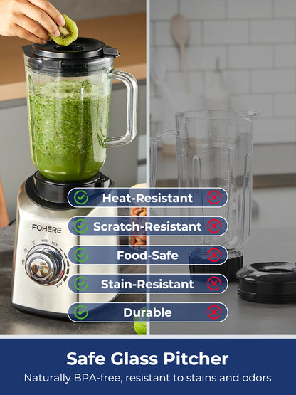 FOHERE Küchenmixer, 1,5-Liter-Profi-Standmixer aus Glas für Smoothies und Shakes mit 1 Tritan-Becher, 5 Geschwindigkeiten, 3 voreingestellten Programmen, 1300W Spitzenleistung