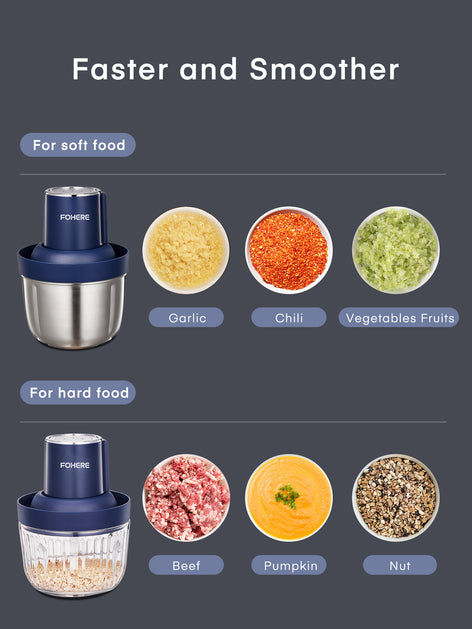 Electric Food Chopper with 2 Bowls 2L(8 cups), 2 Sets Blades, Meat Grinder & Veggie Chopper, for Baby food &Family Use Blue