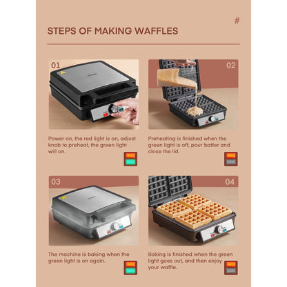 Belgisches Waffeleisen für 4 Waffeln mit Temperaturregelung, 1200W, Edelstahl, Schwarz / Silber