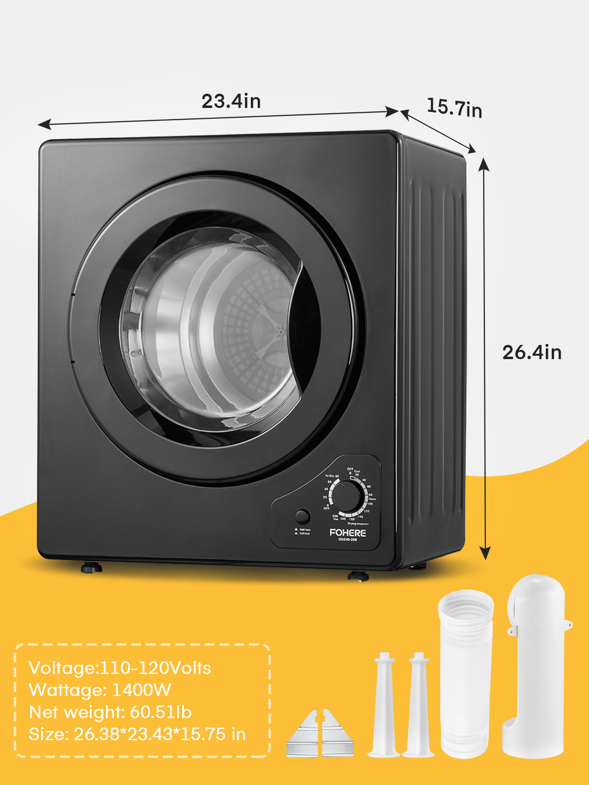 Wäschetrockner, 2.9 cu.ft FOHERE Tragbarer Kompakter Trockner, 1400W Ablufttrockner mit Sensor, 5 Auto-Trockenmodi, mit Abluftschlauch & Edelstahl Trommel, für Wohnung, Haus, Wohnheim-110V, Schwarz
