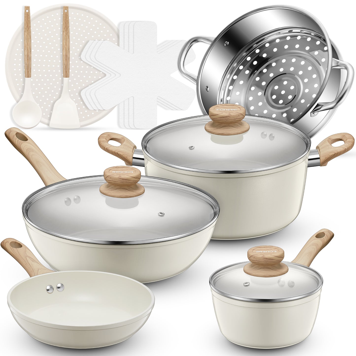 FOHERE 12-teiliges Topf- und Pfannen-Set, Antihaft-Keramik-Kochgeschirr-Set, Küchen-Induktionskochset mit Pizzapfanne, Dampfgarer, Kochtöpfen, Bratpfannen (PFOS-, PFOA-frei)
