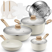 FOHERE 12-teiliges Topf- und Pfannen-Set, Antihaft-Keramik-Kochgeschirr-Set, Küchen-Induktionskochset mit Pizzapfanne, Dampfgarer, Kochtöpfen, Bratpfannen (PFOS-, PFOA-frei)