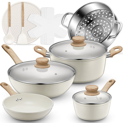 FOHERE 12-teiliges Topf- und Pfannen-Set, Antihaft-Keramik-Kochgeschirr-Set, Küchen-Induktionskochset mit Pizzapfanne, Dampfgarer, Kochtöpfen, Bratpfannen (PFOS-, PFOA-frei)