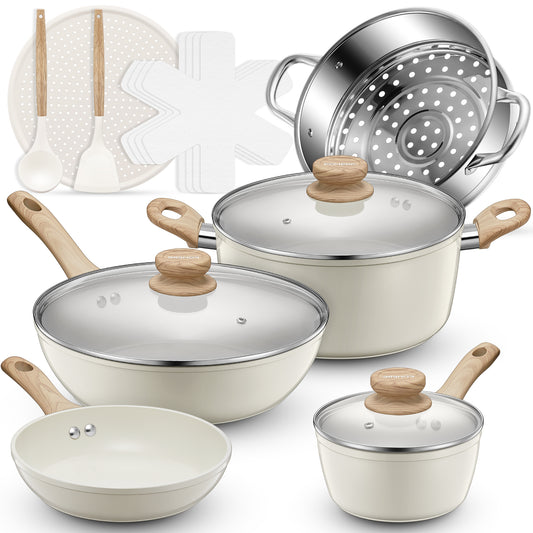 FOHERE 12-teiliges Topf- und Pfannen-Set, Antihaft-Keramik-Kochgeschirr-Set, Küchen-Induktionskochset mit Pizzapfanne, Dampfgarer, Kochtöpfen, Bratpfannen (PFOS-, PFOA-frei)
