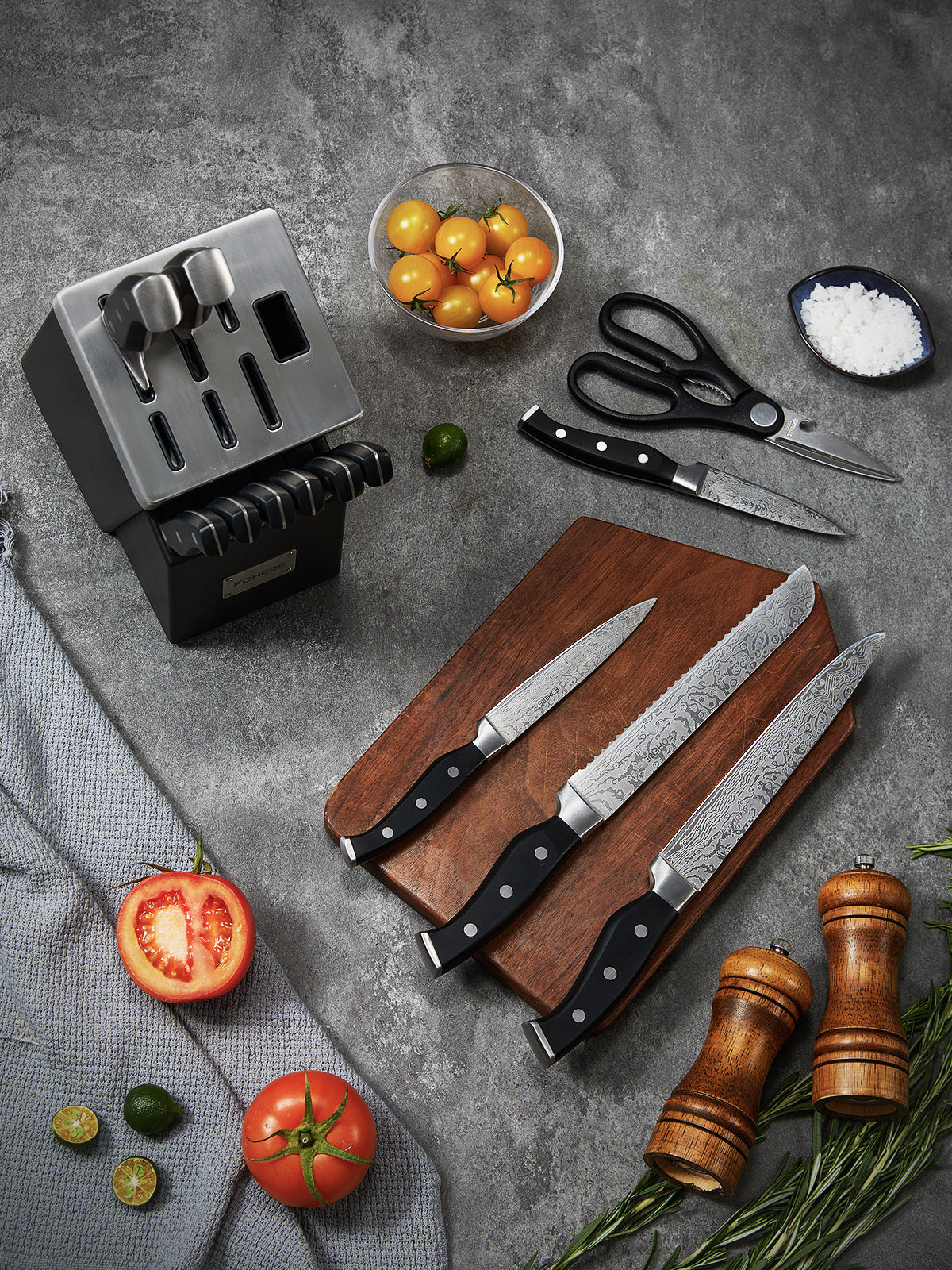 Knife Block Set, FOHERE 14 Pieces Self Sharpening Knife Block Set, Stainless Steel Waved Pattern Knife Set with Block, Rust & Stain Resistant Kitchen Knives and Triple Riveted Handle, Black