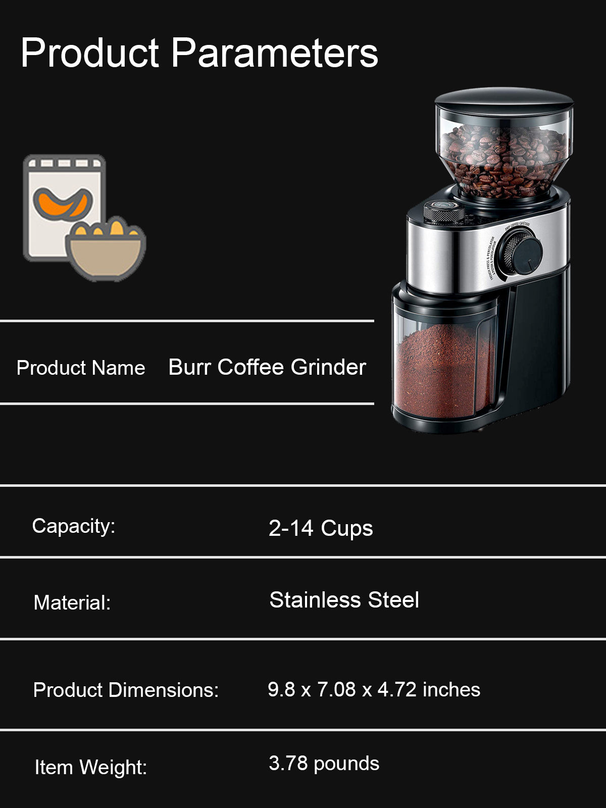 Elektrische Kaffeemühle mit 18 präzisen Mahlgradeinstellungen für Espresso, Filterkaffee und French Press – Verstellbare Kaffeemühle in Schwarz