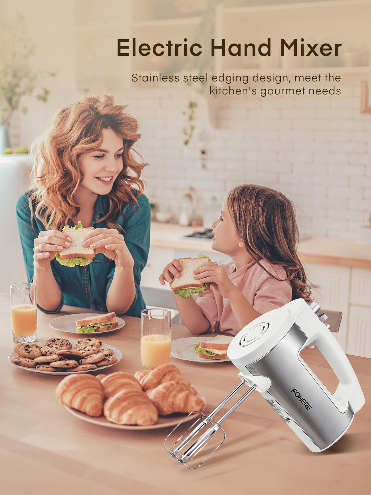 6-Gang-Handmixer mit Turbotaste, Küchenstabmixer zum Aufschlagen von Speisen, Eierschläger inkl. 3 Aufsätzen, Weiß