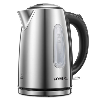 3000W Wasserkocher mit Schnellkochfunktion, FOHERE kabelloser Wasserkocher aus Edelstahl, BPA-freier Heißwasserbereiter, 1,7 Liter, abnehmbarer, waschbarer Filter, Trockengehschutz & Abschaltautomatik, Silber