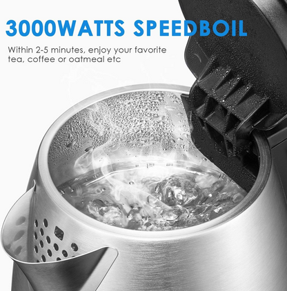 3000W Wasserkocher mit Schnellkochfunktion, FOHERE kabelloser Wasserkocher aus Edelstahl, BPA-freier Heißwasserbereiter, 1,7 Liter, abnehmbarer, waschbarer Filter, Trockengehschutz & Abschaltautomatik, Silber