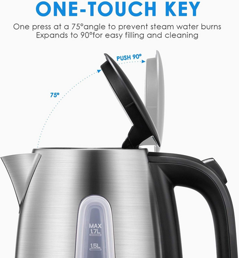 3000W Fast Boil Kettle, FOHERE Stainless Steel Cordless Electric Kettle, BPA-Free Hot Water Boiler, 1.7 Liter, Removable Washable Filter, Boil Dry Protection & Auto Shut Off, Silver