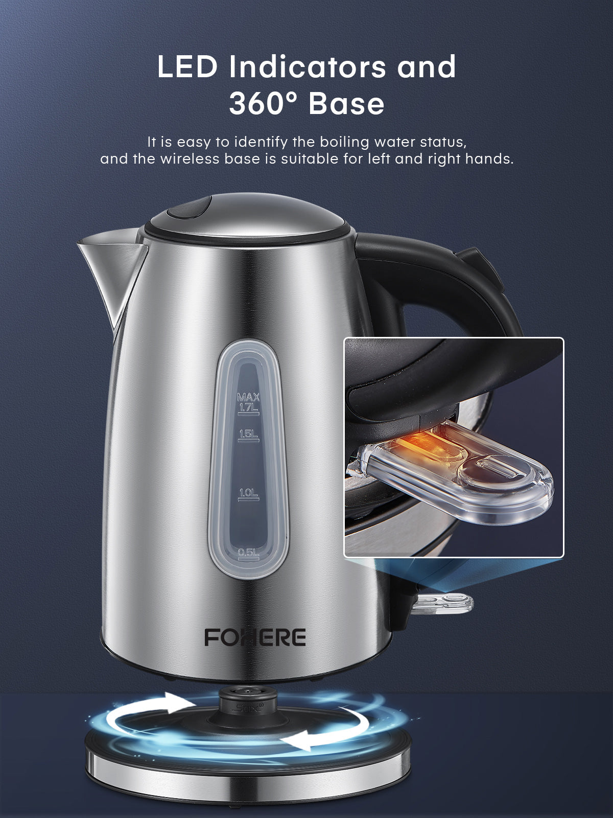 3000W Fast Boil Kettle, FOHERE Stainless Steel Cordless Electric Kettle, BPA-Free Hot Water Boiler, 1.7 Liter, Removable Washable Filter, Boil Dry Protection & Auto Shut Off, Silver