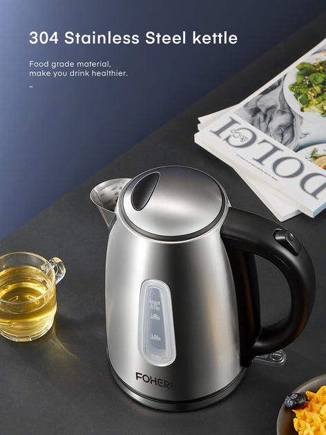 3000W Fast Boil Kettle, FOHERE Stainless Steel Cordless Electric Kettle, BPA-Free Hot Water Boiler, 1.7 Liter, Removable Washable Filter, Boil Dry Protection & Auto Shut Off, Silver
