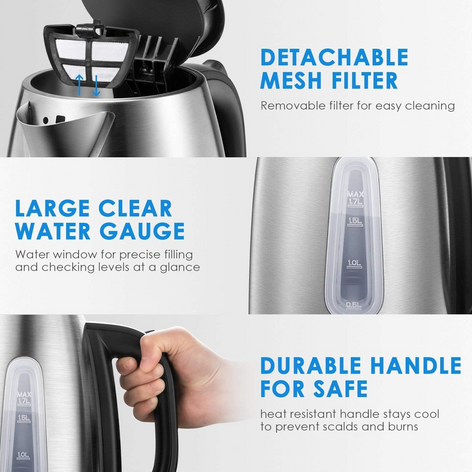 3000W Fast Boil Kettle, FOHERE Stainless Steel Cordless Electric Kettle, BPA-Free Hot Water Boiler, 1.7 Liter, Removable Washable Filter, Boil Dry Protection & Auto Shut Off, Silver