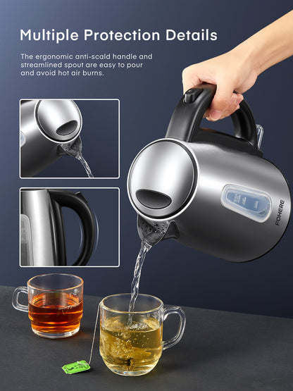 3000W Wasserkocher mit Schnellkochfunktion, FOHERE kabelloser Wasserkocher aus Edelstahl, BPA-freier Heißwasserbereiter, 1,7 Liter, abnehmbarer, waschbarer Filter, Trockengehschutz & Abschaltautomatik, Silber