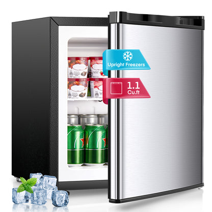 1.1 Cu Ft Mini Upright Freezer, Compact Countertop Freezer, 7-Level Thermostat, Quiet Operation, Reversible Door, Stainless steel