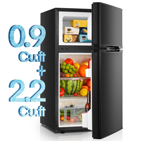 Double Doors Mini Fridge with Top Freezer, Small Fridge with Temperature Control and Ice Tray, 3.1 Cu.ft