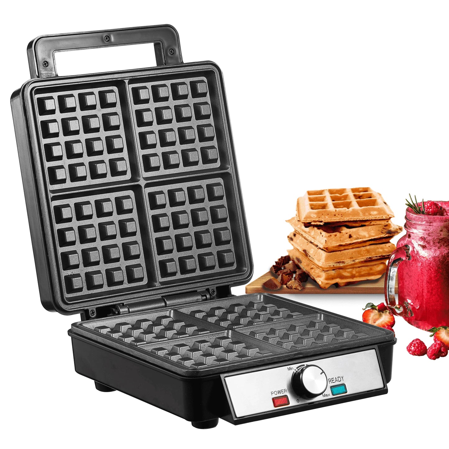 Belgisches Waffeleisen für 4 Waffeln mit Temperaturregelung, 1200W, Edelstahl, Schwarz / Silber
