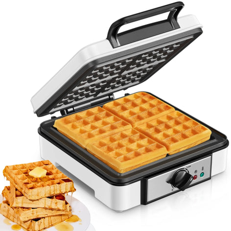 1200W Waffle Maker, 4-Slice Waffle Iron, Non-Stick, Browning Control, White