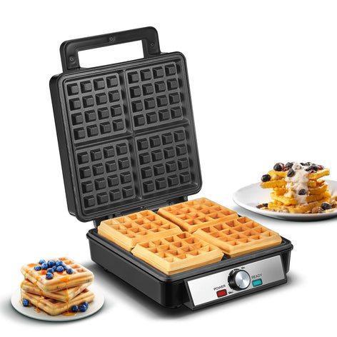 1200W Belgian Waffle Maker with Non-Stick Surfaces, Browning Control, Black, Stainless Steel, New