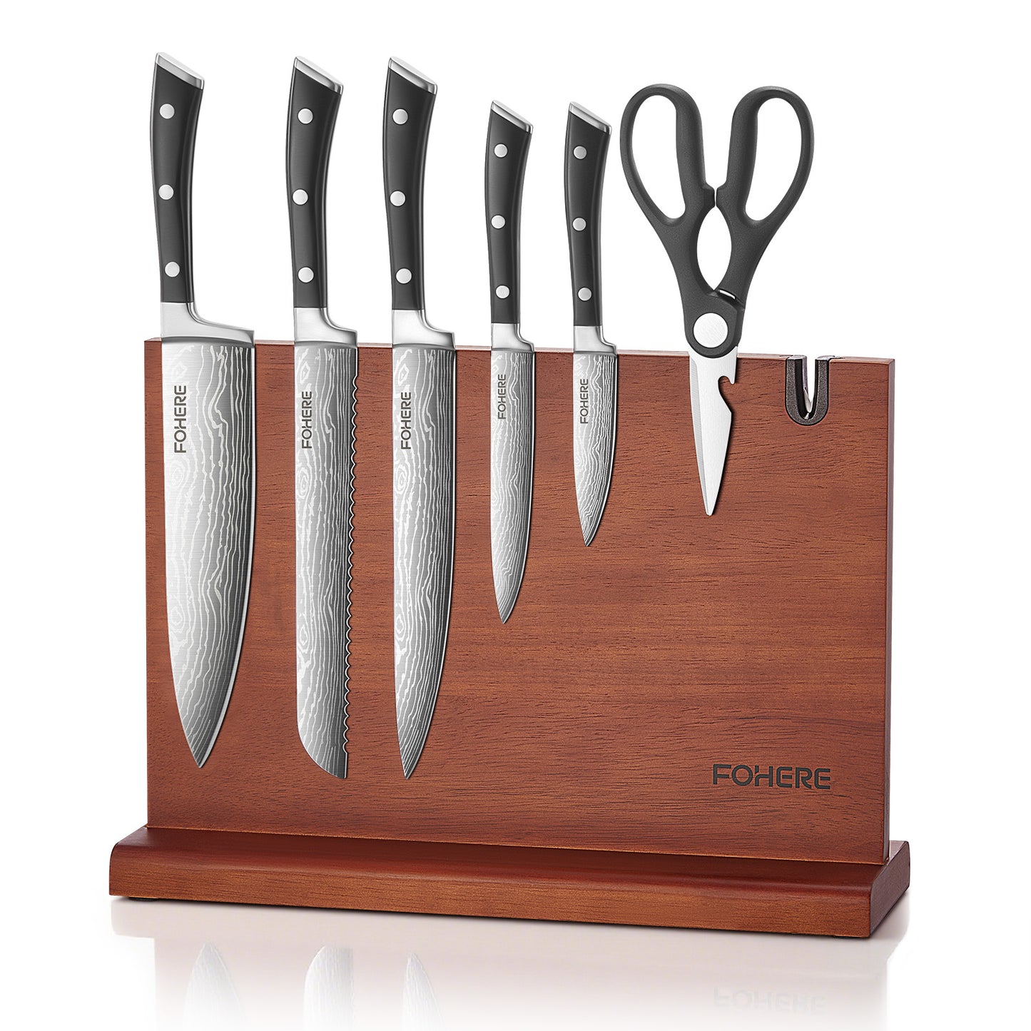 FOHERE Küchenmesser-Set, 7-teiliges Messer-Set mit Magnetischem Messerhalter und Messerschärfer, Scharfes Kochmesser-Set mit Ergonomischem Griff, Hochkohlenstoff-Edelstahlmesser-Set für die Küche