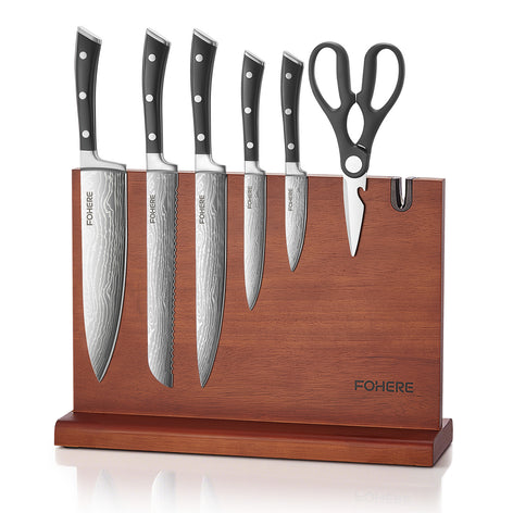 Kitchen Knife Set, FOHERE Knives Set with Magnetic Knife Holder and Sharpener, 7 Pieces Sharp Chef Knife Set with Ergonomic Handle, High Carbon Stainless Steel Knives Set for kitchen