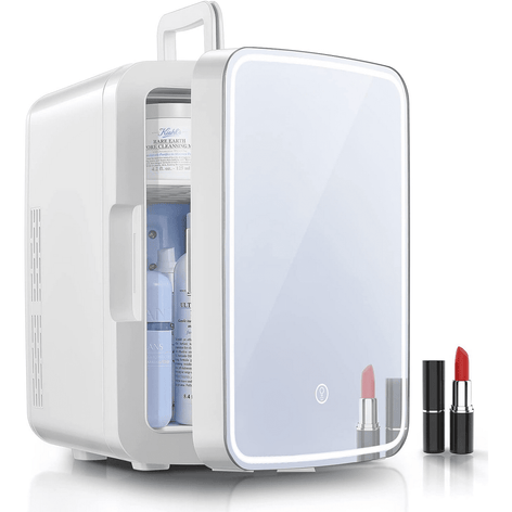 FOHERE 10L/11 Cans Mini Skincare Fridge with Mirror, 3-Mode LED, AC/DC, Portable Cooler & Warmer, Small Refrigerator for Skin Care Cosmetic Makeup, for Office Bedroom Dorm Car, White