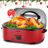 FOHERE 26-Quart Electric Roaster Oven with Visible & Self-Basting Lid, Large Turkey Roaster with Defrost Warm Function, Adjustable Temperature, Removable Pan Rack, Stainless Steel, Red