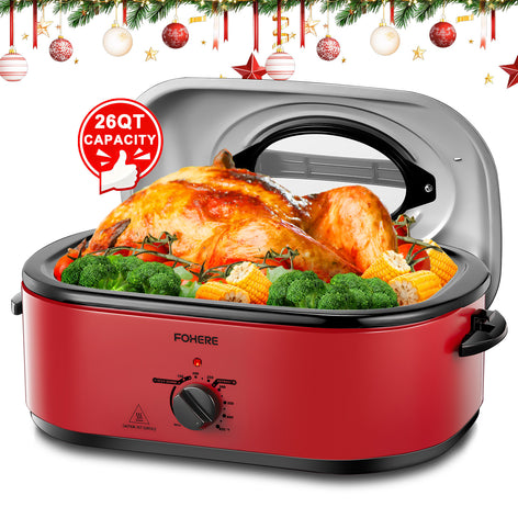 FOHERE Quart Electric Roaster Oven with Visible & Self-Basting Lid, Large Turkey Roaster with Defrost Warm Function, Adjustable Temperature, Removable Pan Rack, Stainless Steel, Red