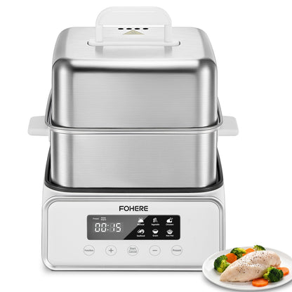 FOHERE Food Steamer for cooking 12.7QT Double Tier Stainless Steel Vegetable Steamer with Digital Timer, 8 Preset Menus,1200W