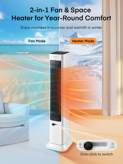 FOHERE Oszillierender Turmventilator und Heizlüfter in Einem für den Innenbereich, Ganzjähriger Hochgeschwindigkeits-Ventilator und Heizlüfter-Kombination mit Überhitzungsschutz, Timer, installationsfrei, 1500W, 96,2 cm, Weiß