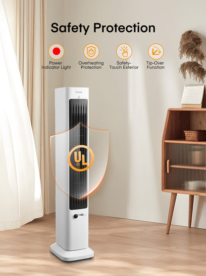 FOHERE Oszillierender Turmventilator und Heizlüfter in Einem für den Innenbereich, Ganzjähriger Hochgeschwindigkeits-Ventilator und Heizlüfter-Kombination mit Überhitzungsschutz, Timer, installationsfrei, 1500W, 96,2 cm, Weiß