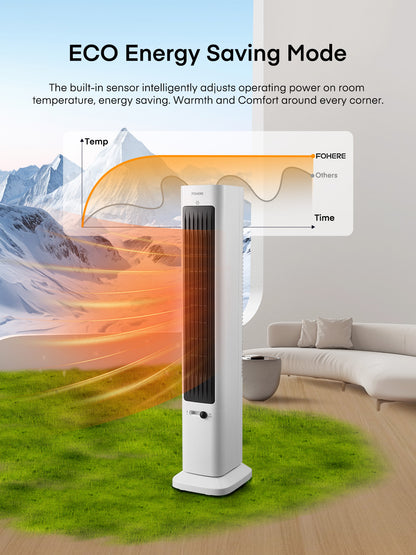 FOHERE Oszillierender Turmventilator und Heizlüfter in Einem für den Innenbereich, Ganzjähriger Hochgeschwindigkeits-Ventilator und Heizlüfter-Kombination mit Überhitzungsschutz, Timer, installationsfrei, 1500W, 96,2 cm, Weiß