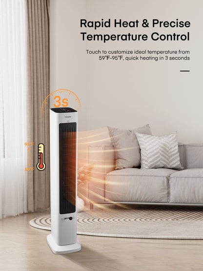 FOHERE Oszillierender Turmventilator und Heizlüfter in Einem für den Innenbereich, Ganzjähriger Hochgeschwindigkeits-Ventilator und Heizlüfter-Kombination mit Überhitzungsschutz, Timer, installationsfrei, 1500W, 96,2 cm, Weiß