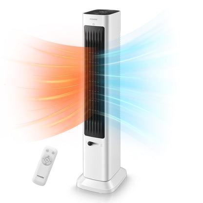 FOHERE Oszillierender Turmventilator und Heizlüfter in Einem für den Innenbereich, Ganzjähriger Hochgeschwindigkeits-Ventilator und Heizlüfter-Kombination mit Überhitzungsschutz, Timer, installationsfrei, 1500W, 96,2 cm, Weiß