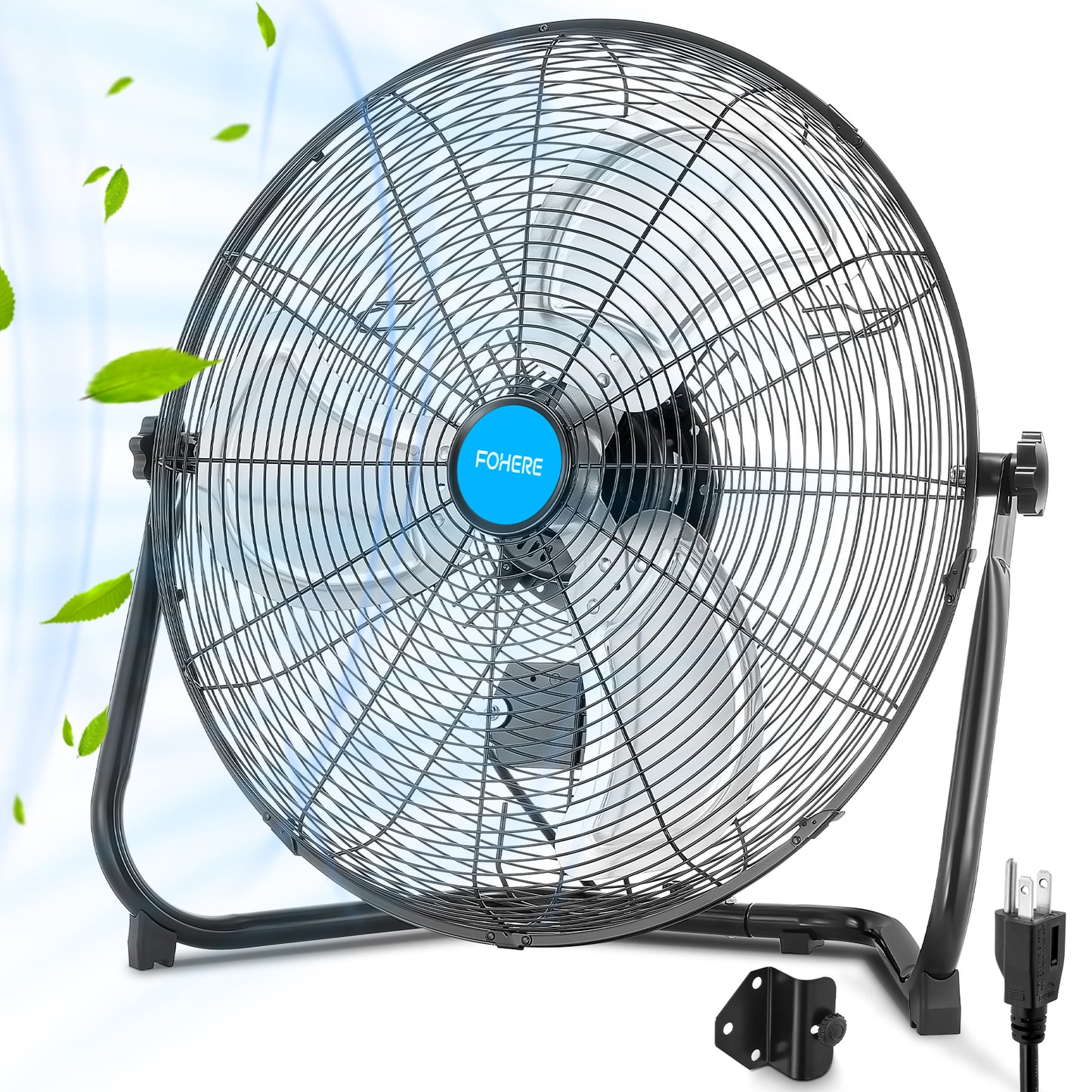 FOHERE 20" Hochgeschwindigkeits-Bodenventilator, 3 Geschwindigkeiten, 360° neigbarer Kopf, robuster Metallventilator für Industrie, Gewerbe, Lager, Garage, Fitnessstudio, Werkstatt, Laden, Fabrik, Keller, Schwarz