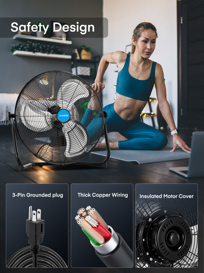 FOHERE 20" Hochgeschwindigkeits-Bodenventilator, 3 Geschwindigkeiten, 360° neigbarer Kopf, robuster Metallventilator für Industrie, Gewerbe, Lager, Garage, Fitnessstudio, Werkstatt, Laden, Fabrik, Keller, Schwarz