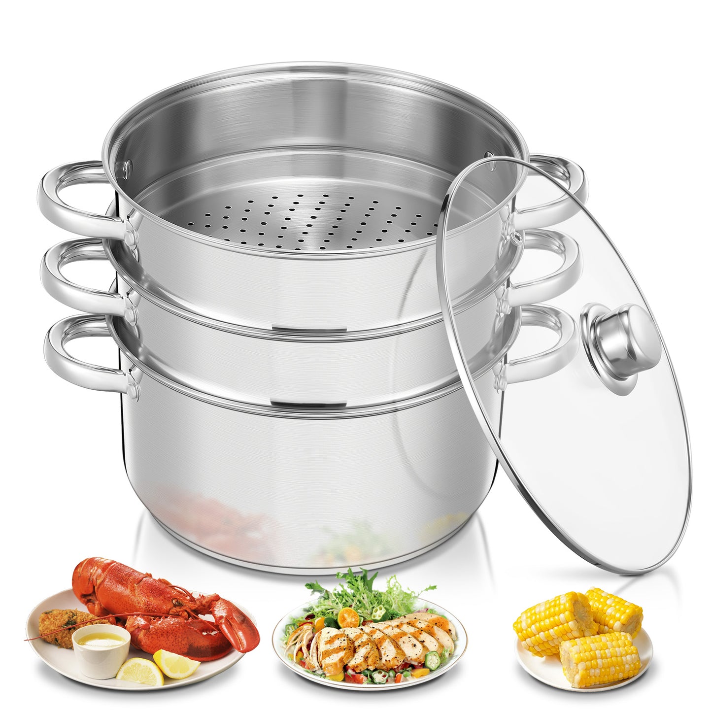 3-stöckiger Edelstahl-Dampfgarer, 8,5QT Multifunktions-Suppentopf mit Deckel aus gehärtetem Glas, stapelbar, kompatibel mit Induktions- und Gasherd, FOHERE