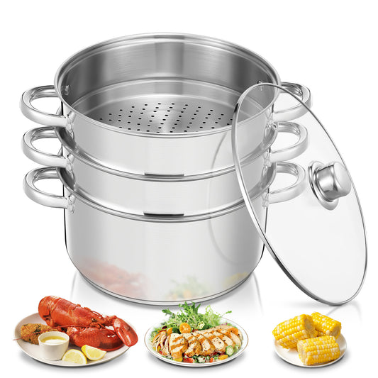 3-stöckiger Edelstahl-Dampfgarer, 8,5QT Multifunktions-Suppentopf mit Deckel aus gehärtetem Glas, stapelbar, kompatibel mit Induktions- und Gasherd, FOHERE