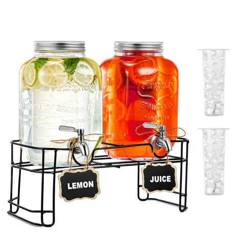 Beverage Dispenser, 2 Pack 1 Gallon Drink Dispensers for Parties, with Leakproof Stainless Steel Spigot, Stand, Infuser, for Christmas, BBQ, Picnic, Lemonade, Cocktails