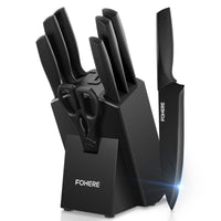 FOHERE Knife Set 8 Pieces Kitchen Knives Set with Block High Carbon Stainless Steel Self-Sharpening Knife Block Set with Built-in Sharpener, Black