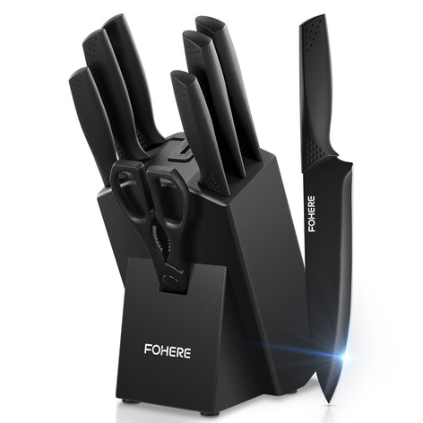 FOHERE Knife Set 8 Pieces Kitchen Knives Set with Block High Carbon Stainless Steel Self-Sharpening Knife Block Set with Built-in Sharpener, Black