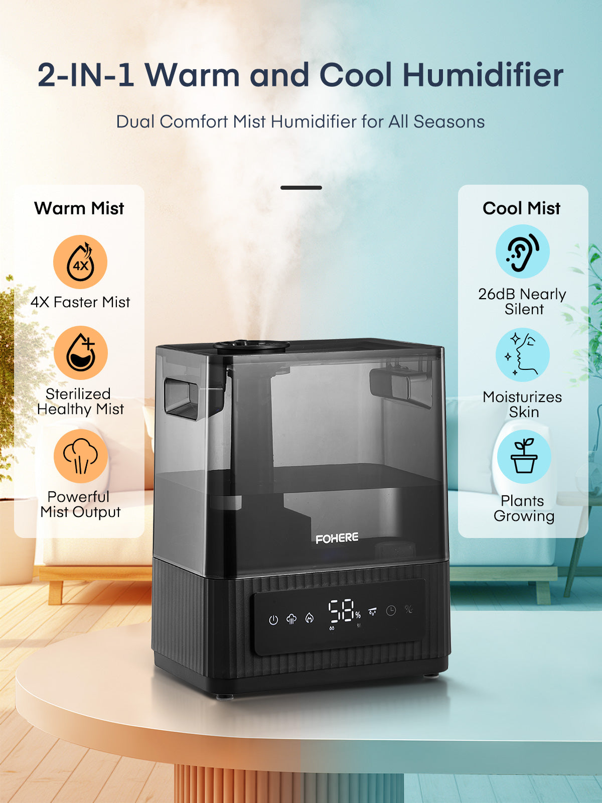 FOHERE 6L Luftbefeuchter für Zuhause mit warmem und kühlem Nebel, Ultraschall-Luftbefeuchter mit Top-Befüllung für Pflanzen, Babys, Kinder, Öl-Diffusor, Schlafmodus, 12H-Timer, Nachtlicht, intelligente Feuchtigkeitsregulierung, leise, Schwarz