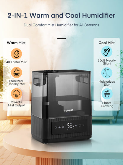 FOHERE 6L Luftbefeuchter für Zuhause mit warmem und kühlem Nebel, Ultraschall-Luftbefeuchter mit Top-Befüllung für Pflanzen, Babys, Kinder, Öl-Diffusor, Schlafmodus, 12H-Timer, Nachtlicht, intelligente Feuchtigkeitsregulierung, leise, Schwarz