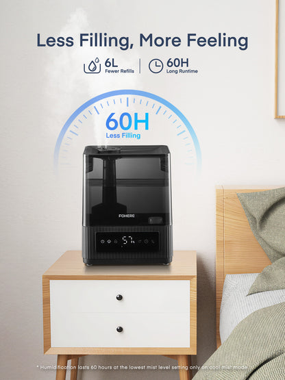 FOHERE 6L Luftbefeuchter für Zuhause mit warmem und kühlem Nebel, Ultraschall-Luftbefeuchter mit Top-Befüllung für Pflanzen, Babys, Kinder, Öl-Diffusor, Schlafmodus, 12H-Timer, Nachtlicht, intelligente Feuchtigkeitsregulierung, leise, Schwarz