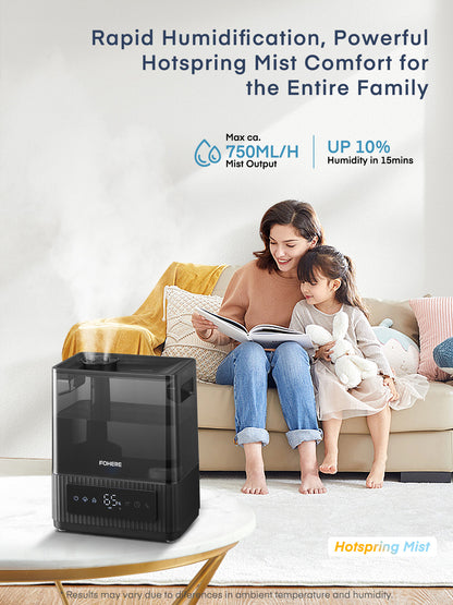 FOHERE 6L Luftbefeuchter für Zuhause mit warmem und kühlem Nebel, Ultraschall-Luftbefeuchter mit Top-Befüllung für Pflanzen, Babys, Kinder, Öl-Diffusor, Schlafmodus, 12H-Timer, Nachtlicht, intelligente Feuchtigkeitsregulierung, leise, Schwarz